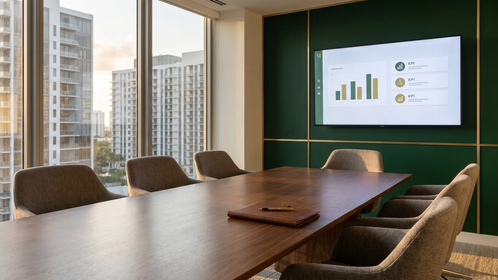 Illustrative Learning Center training room, with a green and gold charts screen