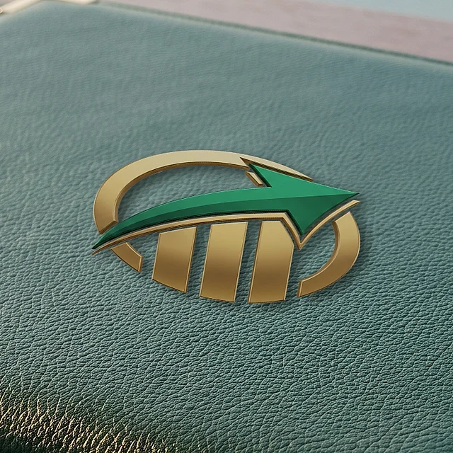Macro of the gold Tax Solutions emblem embossed on emerald leather