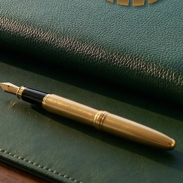 Gold fountain pen on the green desk pad of the firm