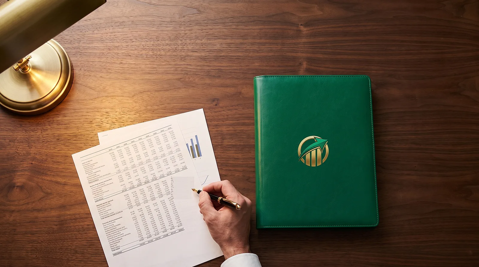 Hand with a fountain pen annotating financial documents next to the firm's emerald folder