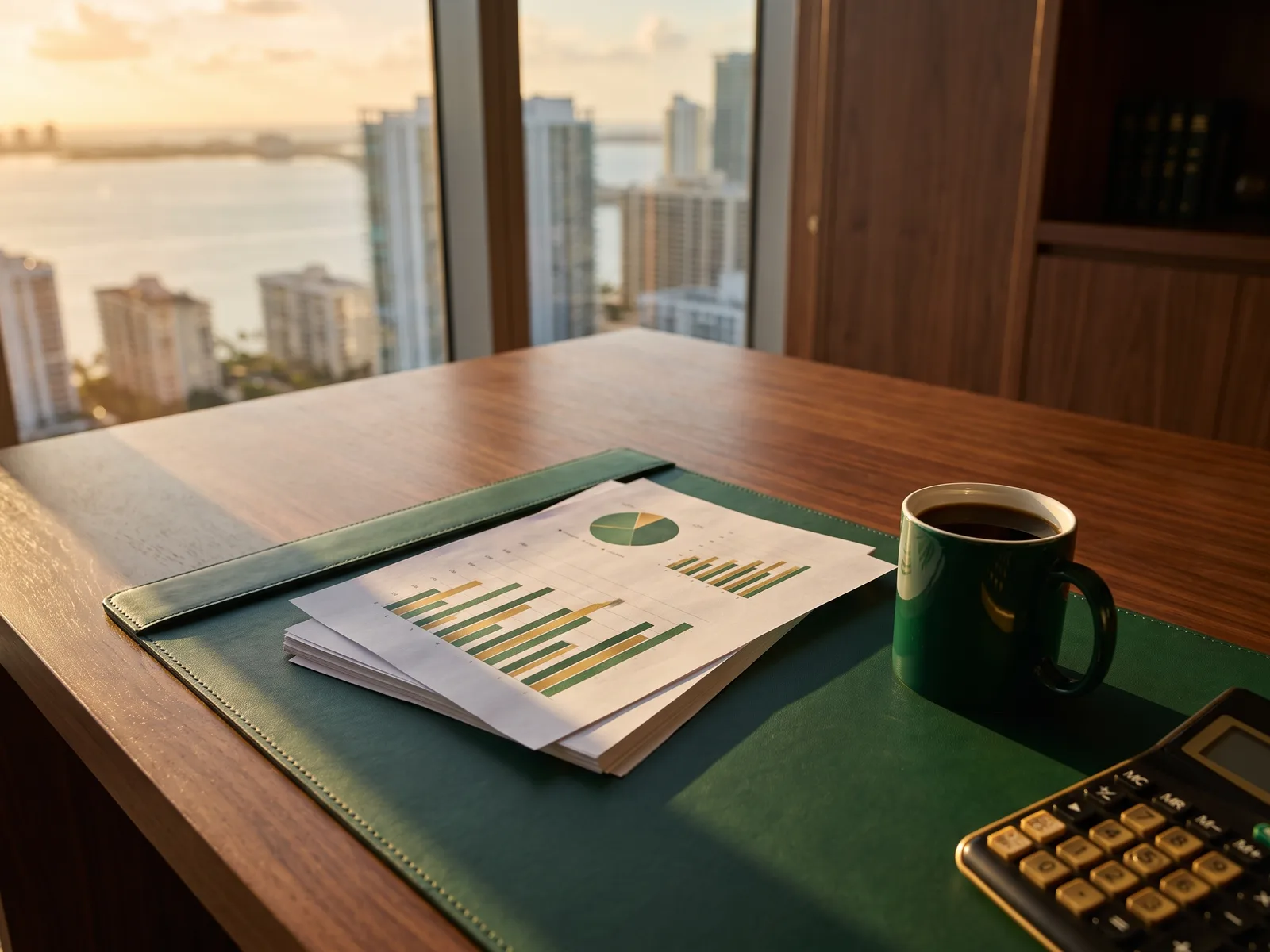 Accounting reports with green and gold charts, a desk calculator and a green mug