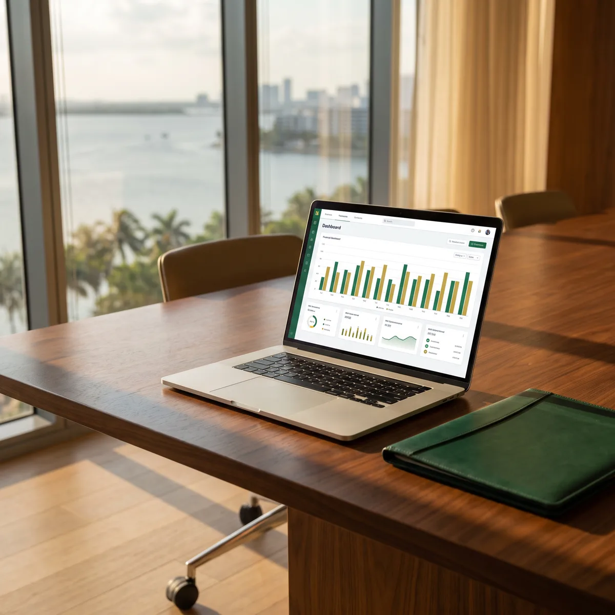 Laptop with a green and gold financial dashboard on the boardroom table