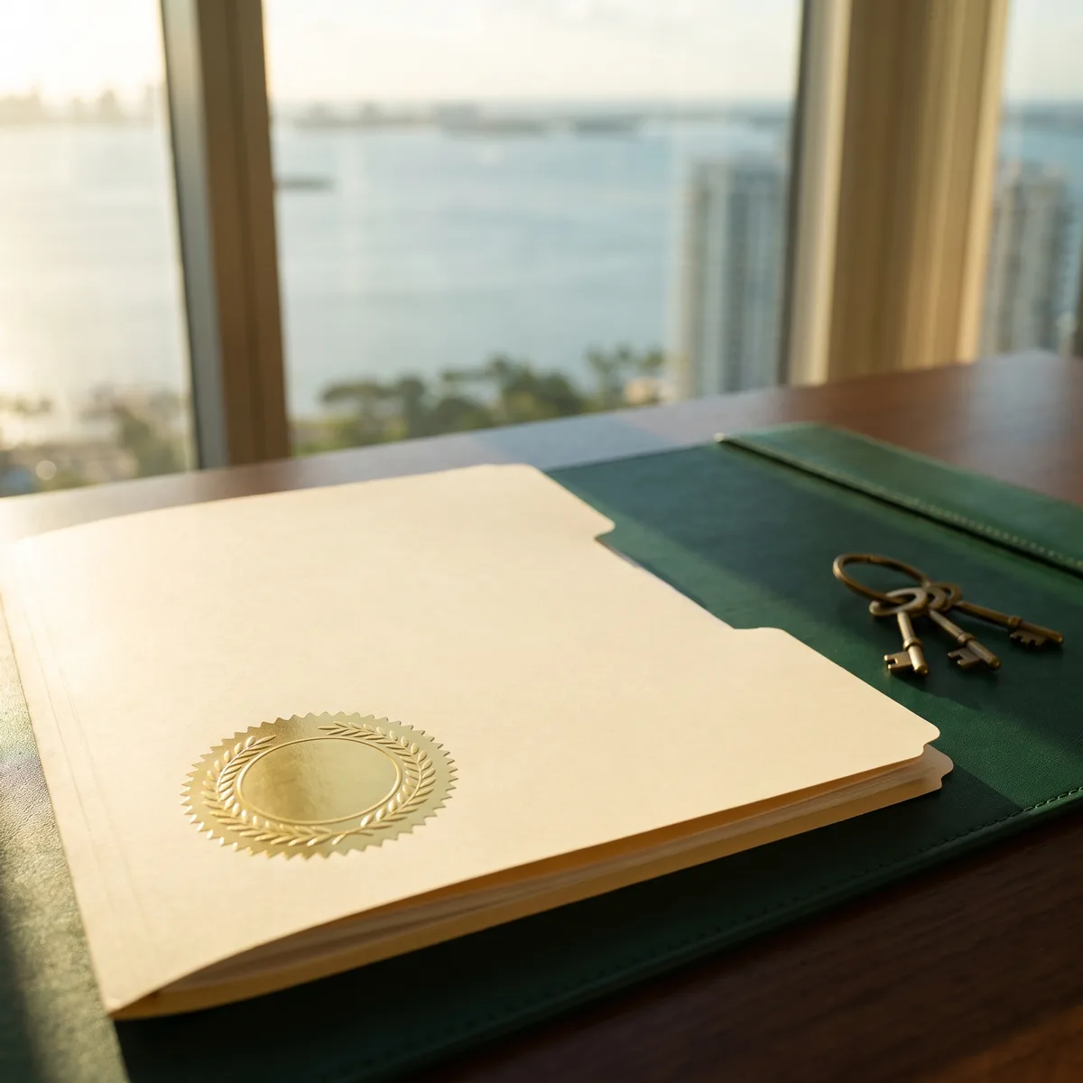 Incorporation folder with a gold embossed seal and office keys to open your LLC