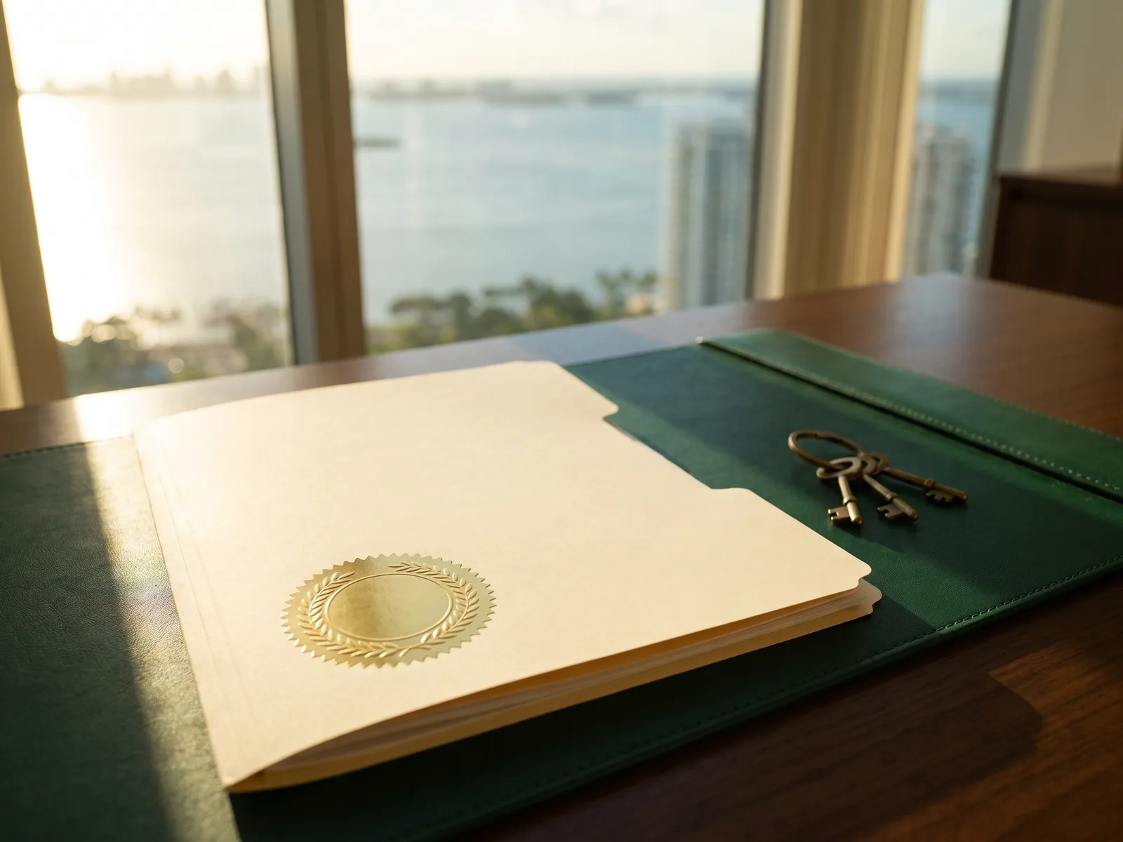 Incorporation folder with an embossed gold seal and brass keys on the desk