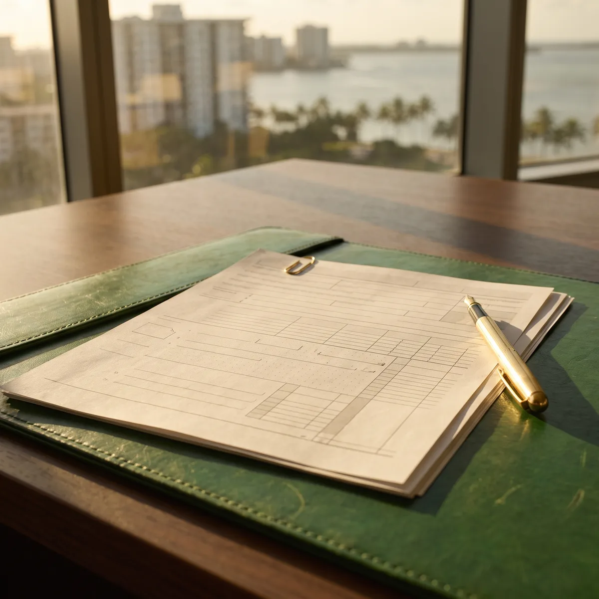 Blank 1040 forms with a gold pen on the green desk pad of the firm